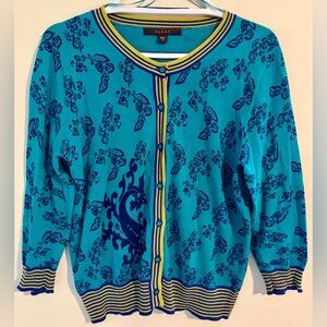Women’s Fever Teal Button Up Floral Print Cardigan Navy & Yellow Trim Sz Large